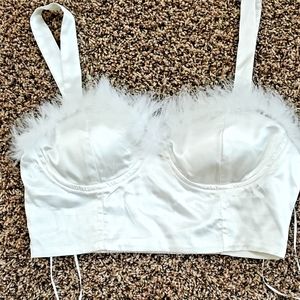 Womens White Satin Meraki Halter Fluffy Top with Straps Size M